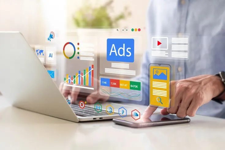 Google Ads management dashboard showing PPC campaign management, lead generation marketing analytics and digital advertising performance on laptop and mobile devices.