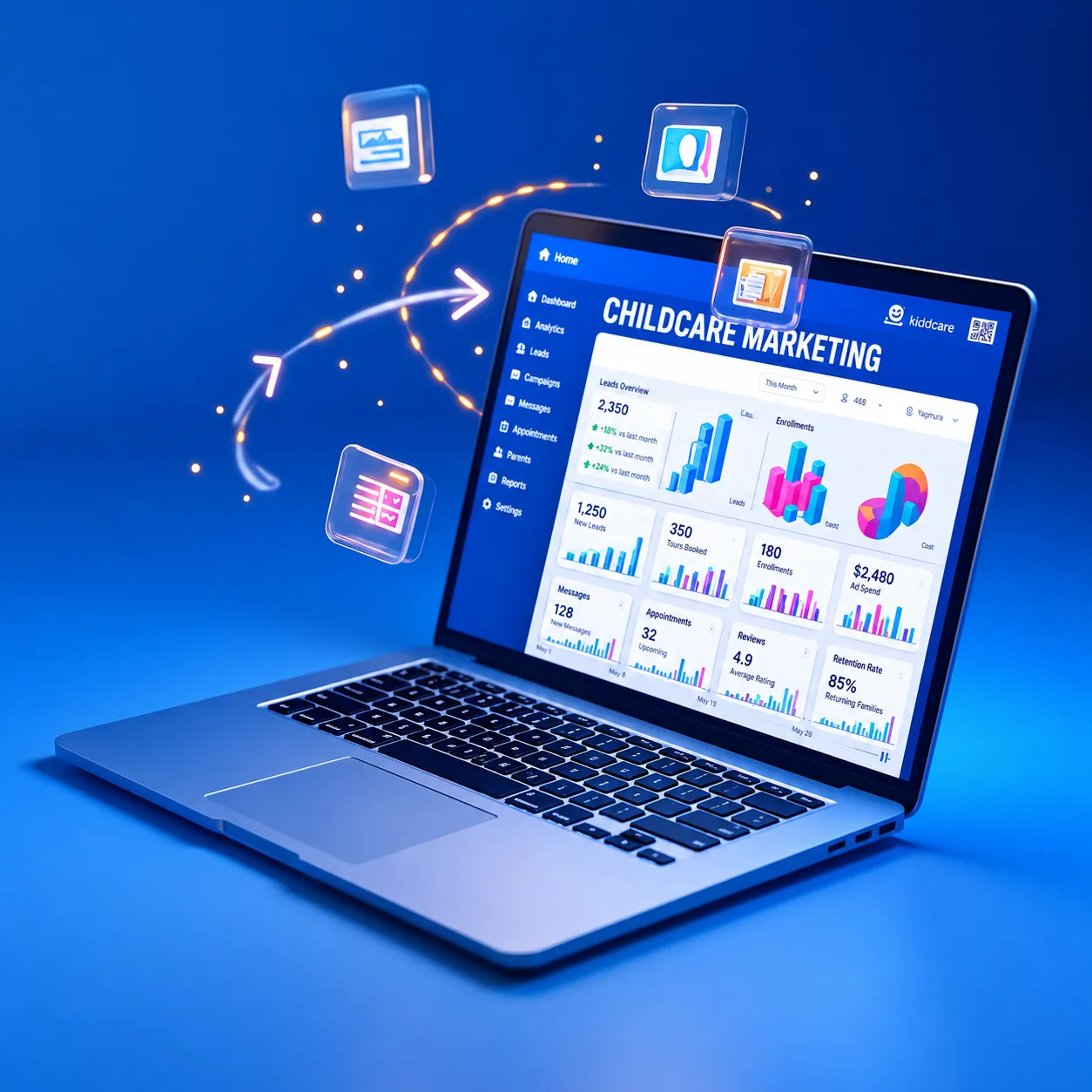 Childcare marketing dashboard on a laptop showing leads, enrolments, ads, analytics and parent follow-up data.
