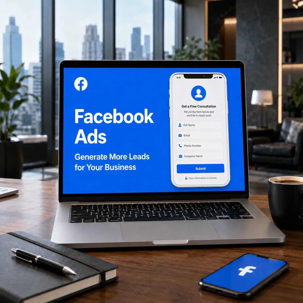 Facebook advertising agency lead generation dashboard on a laptop with a Meta ads consultation form