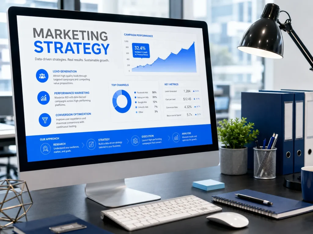 Performance marketing agency strategy dashboard showing lead generation, campaign performance and revenue metrics on a desktop screen.