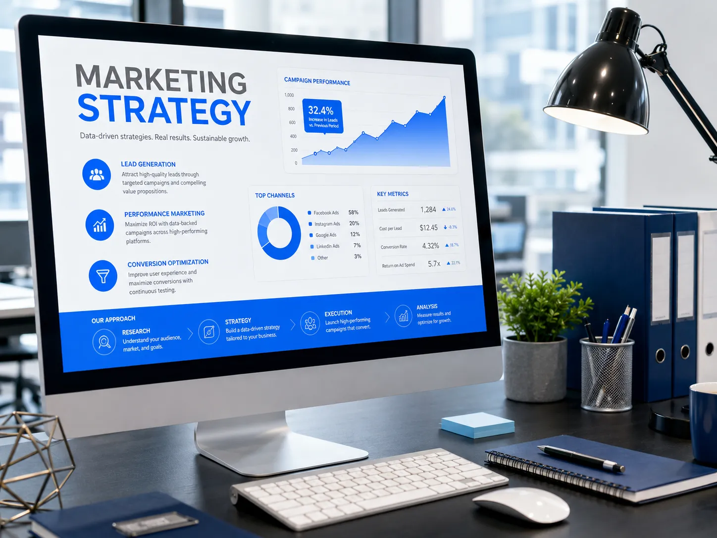 Performance marketing agency strategy dashboard showing lead generation, campaign performance and revenue metrics on a desktop screen.