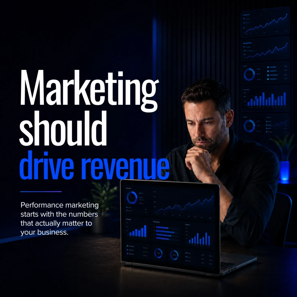 Performance marketing agency strategy dashboard showing lead generation, campaign performance and revenue metrics on a desktop screen.