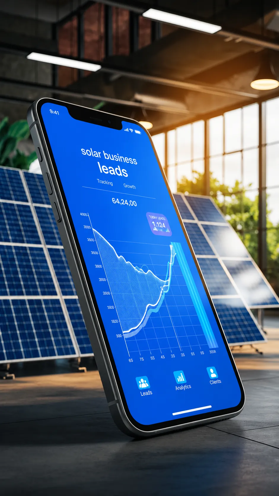 Phone showing solar business leads analytics in front of solar panels, representing lead tracking for a solar marketing agency.