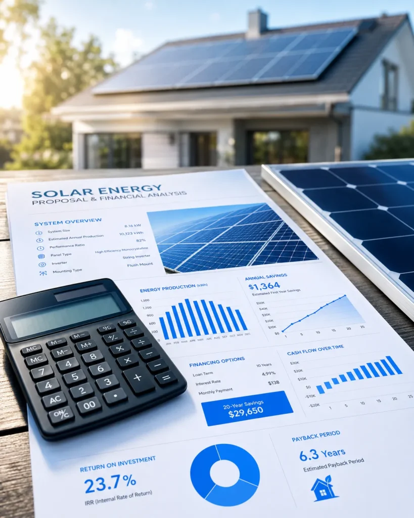 Solar proposal report with ROI charts, calculator and panel sample in front of a home with rooftop solar panels.