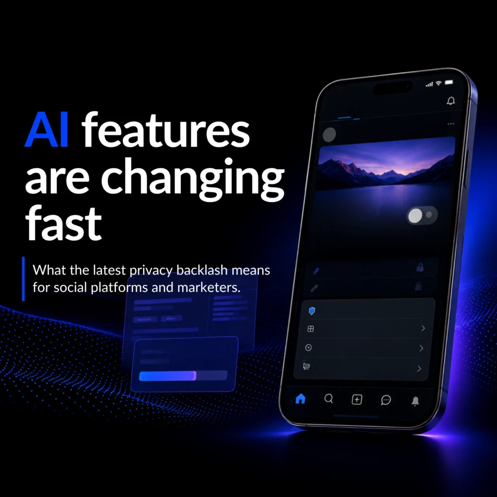 Laptop and phone showing Instagram AI content, disappearing profile images and a digital privacy shield.