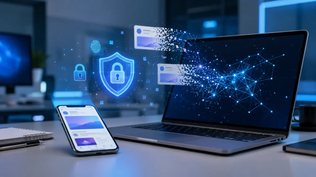 Laptop and phone showing Instagram AI content, disappearing profile images and a digital privacy shield.