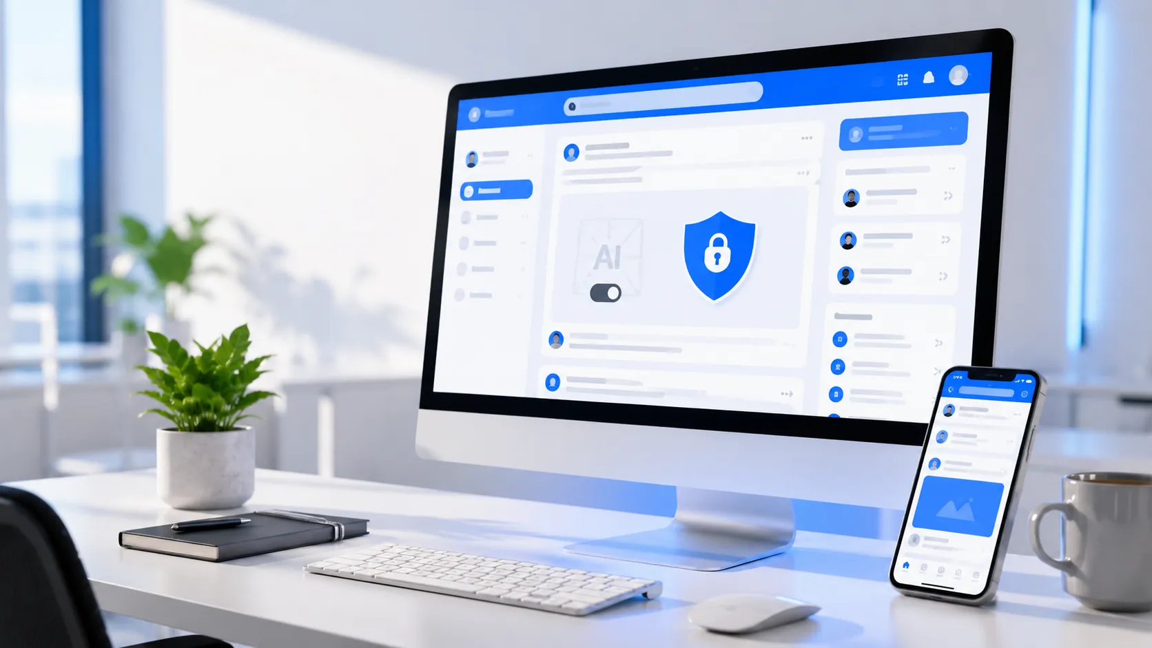 Desktop monitor and phone showing Instagram AI privacy controls, with a shield and padlock icon.