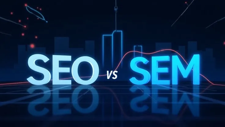 SEO vs SEM comparison graphic with glowing blue text and city skyline, illustrating whether Melbourne businesses should prioritise search engine optimisation or paid search marketing first with a SEM agency Melbourne.