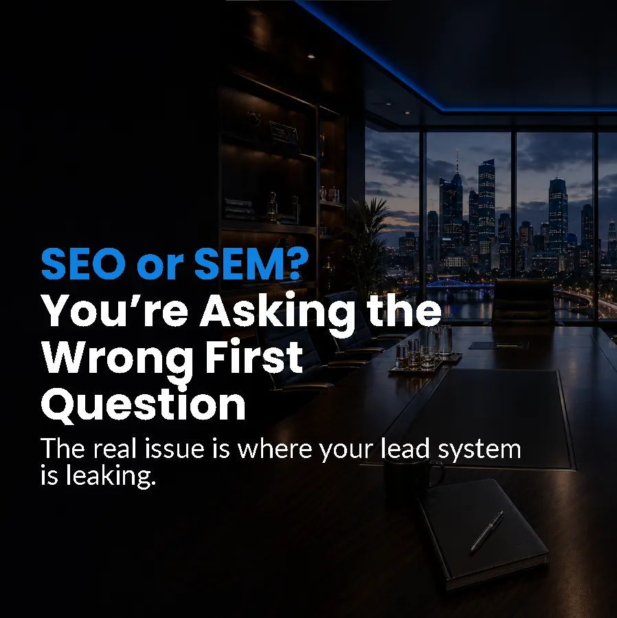 Dark executive boardroom overlooking the Melbourne skyline with text reading “SEO or SEM? You’re Asking the Wrong First Question,” highlighting lead system strategy for businesses comparing SEO and a SEM agency Melbourne.