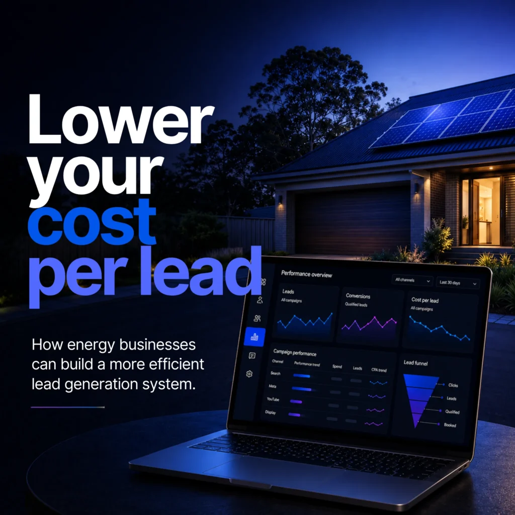 Solar proposal report with ROI charts, calculator and panel sample in front of a home with rooftop solar panels.