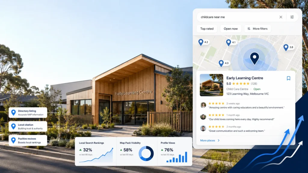 Childcare centre with a Google Maps listing, parent reviews and local SEO performance data showing improved search visibility.