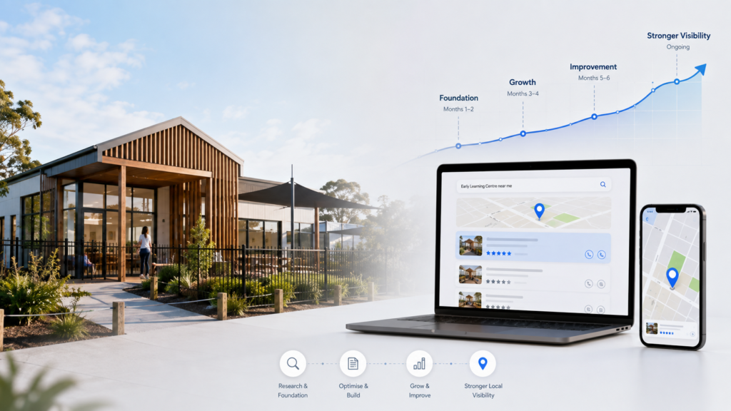 How long does local SEO take? Childcare centre with SEO growth timeline, local search results and stronger visibility.