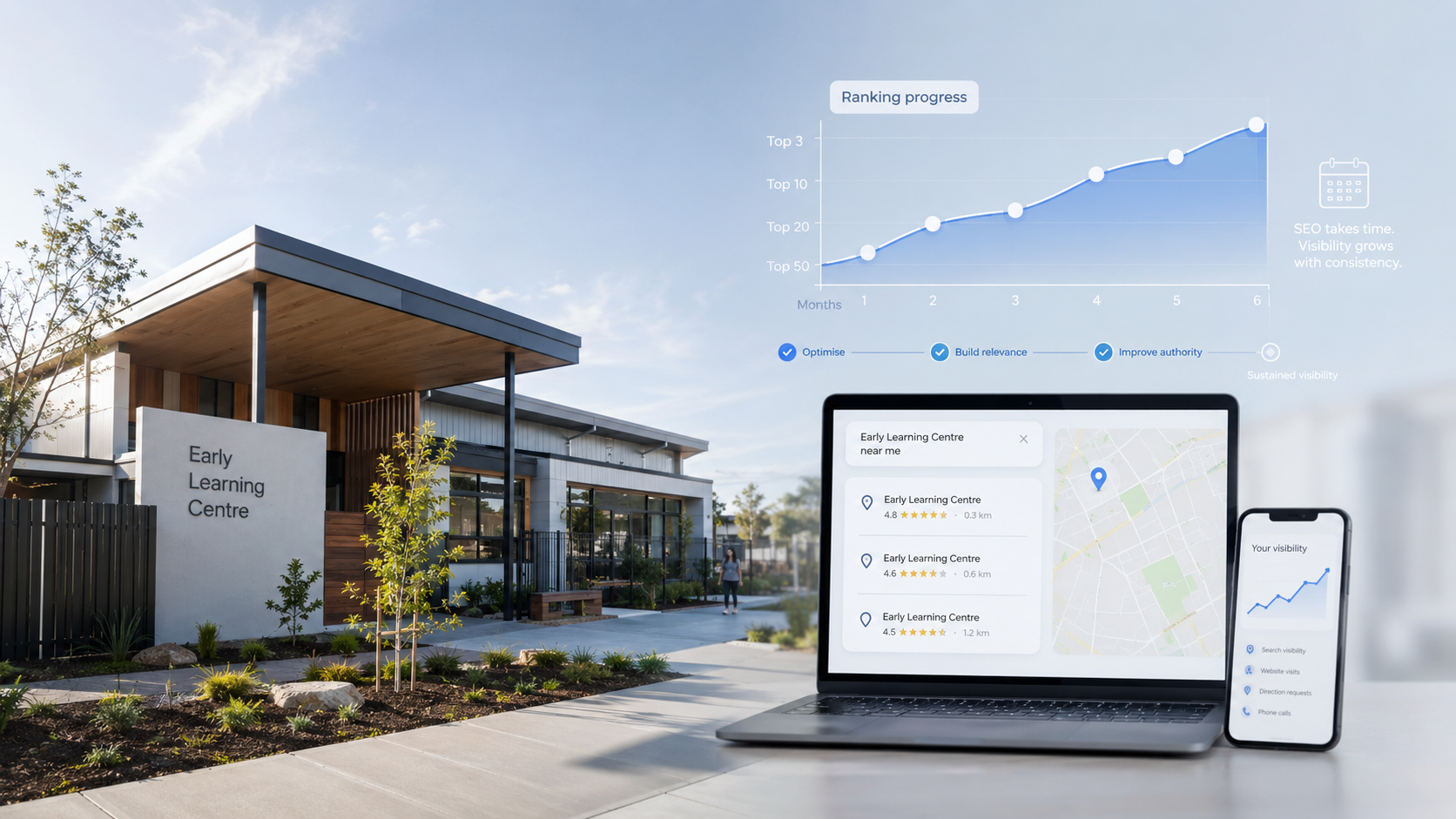 How long does local SEO take? Childcare centre with SEO growth timeline, local search results and stronger visibility.