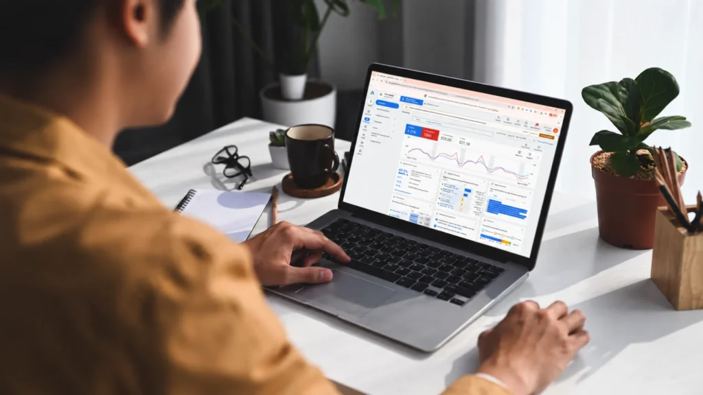 Marketer reviewing a Google Ads campaign dashboard on a laptop