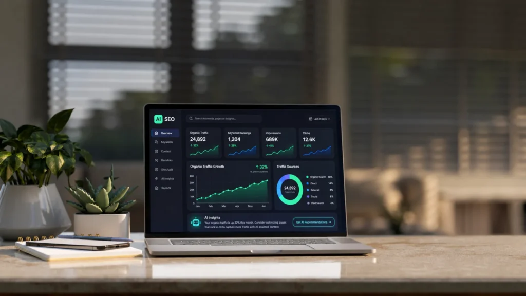 SEO dashboard showing organic traffic growth on a laptop